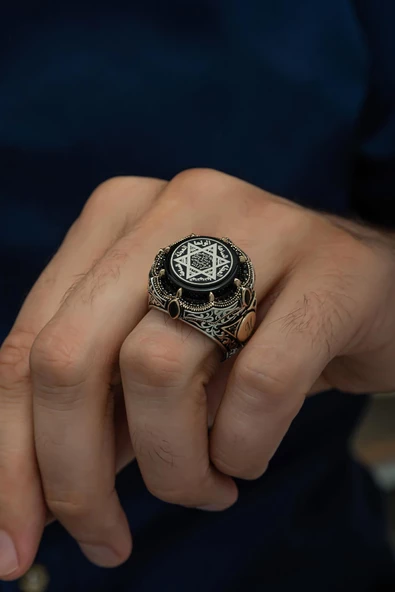 Mührü Süleyman Desenli Yuvarlak 925 Gümüş Erkek Yüzük - Resim 3