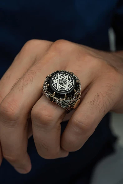 Mührü Süleyman Desenli Yuvarlak 925 Gümüş Erkek Yüzük - Resim 7