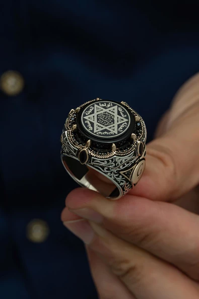 Mührü Süleyman Desenli Yuvarlak 925 Gümüş Erkek Yüzük - Resim 4