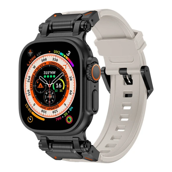 KNY Apple Watch Ultra 49 MM için Metal bağlantı Aparatlı Nokta Desenli Silikon KRD-101 Kayış-Kordon Krem