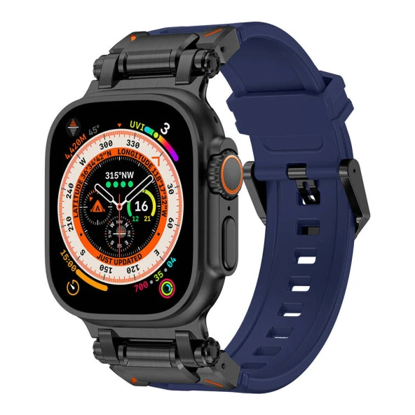 KNY Apple Watch Ultra 49 MM için Metal bağlantı Aparatlı Nokta Desenli Silikon KRD-101 Kayış-Kordon Lacivert