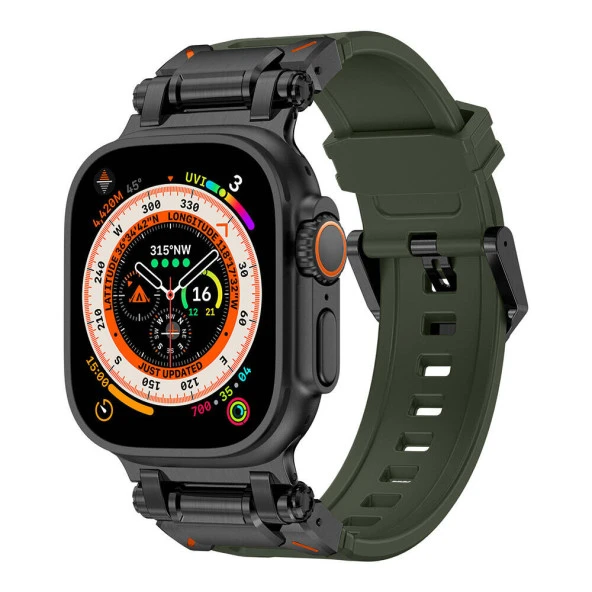 KNY Apple Watch Ultra 49 MM için Metal bağlantı Aparatlı Nokta Desenli Silikon KRD-101 Kayış-Kordon Yeşil