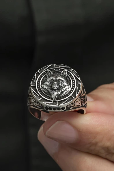 Kurt Başı Desenli 925 Gümüş Erkek Yüzük - Resim 4