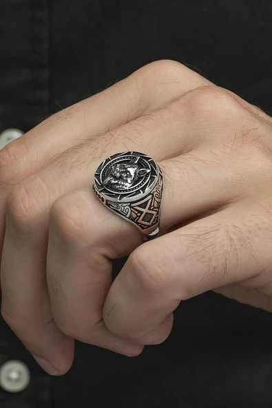 Kurt Başı Desenli 925 Gümüş Erkek Yüzük - Resim 3