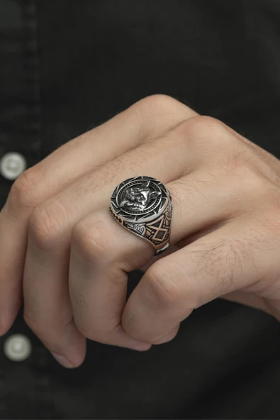 Kurt Başı Desenli 925 Gümüş Erkek Yüzük - Resim 6