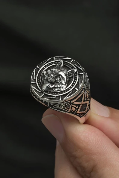 Kurt Başı Desenli 925 Gümüş Erkek Yüzük - Resim 5