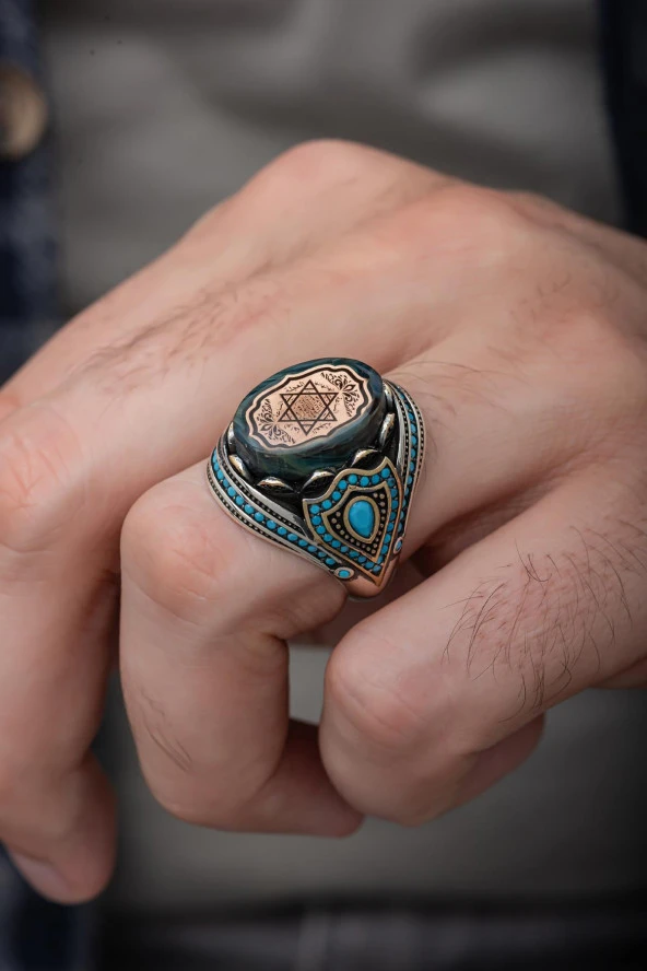 Mavi Taşlı Süleyman Mührü Desenli 925 Gümüş Erkek Yüzük ürün görseli