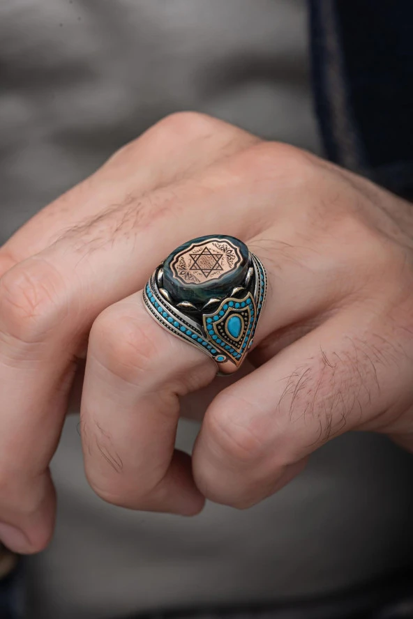 Mavi Taşlı Süleyman Mührü Desenli 925 Gümüş Erkek Yüzük - Resim 4