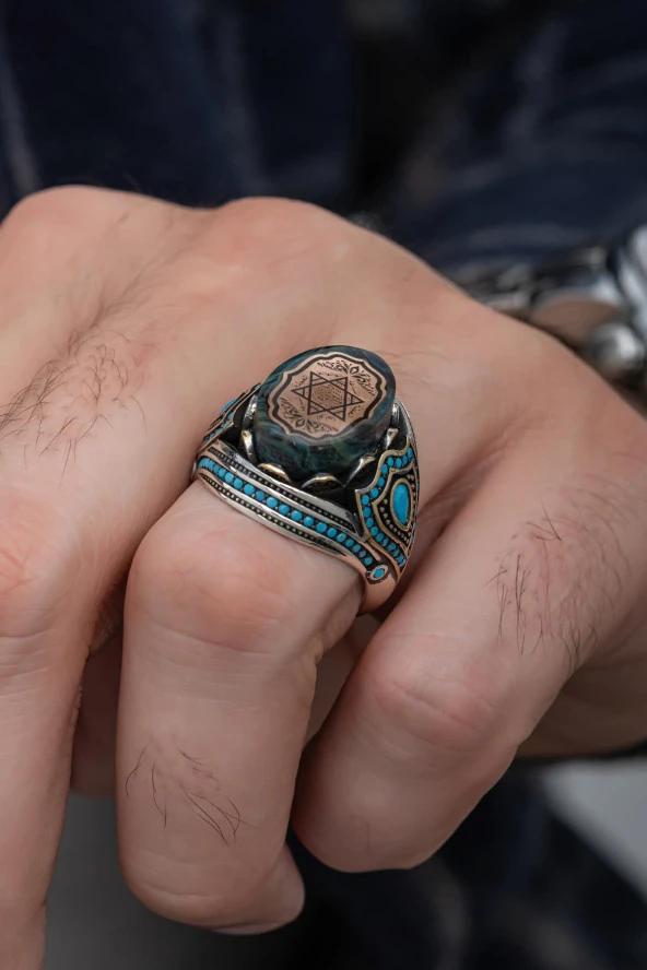 Mavi Taşlı Süleyman Mührü Desenli 925 Gümüş Erkek Yüzük - Resim 5