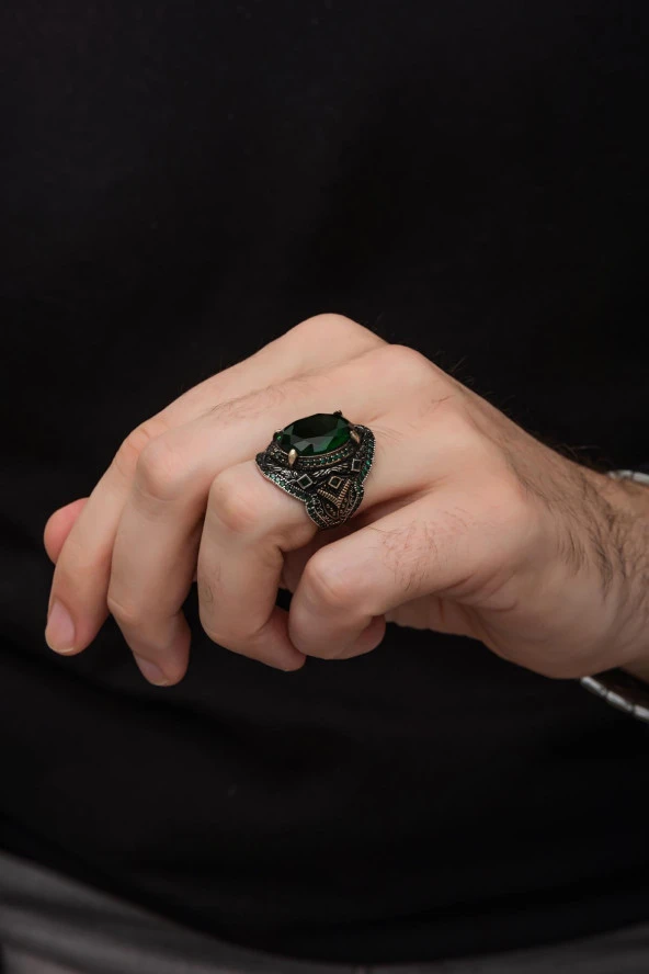 Oval Yeşil Taşlı 925 Gümüş Erkek Yüzük - Resim 3