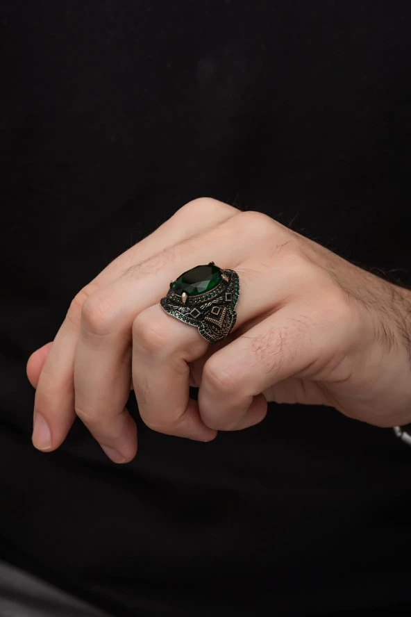 Oval Yeşil Taşlı 925 Gümüş Erkek Yüzük - Resim 4