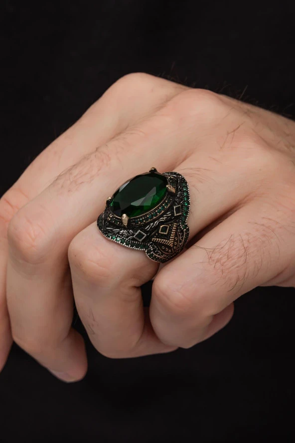 Oval Yeşil Taşlı 925 Gümüş Erkek Yüzük - Resim 5