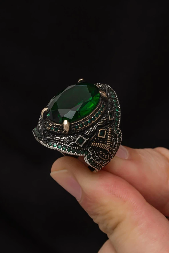 Oval Yeşil Taşlı 925 Gümüş Erkek Yüzük - Resim 6