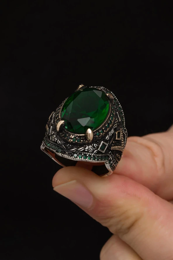 Oval Yeşil Taşlı 925 Gümüş Erkek Yüzük - Resim 7