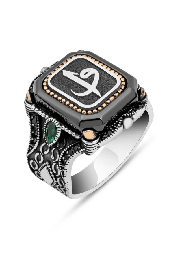 Kare Elif Vav Harfli 925 Gümüş Erkek Yüzük - Resim 2