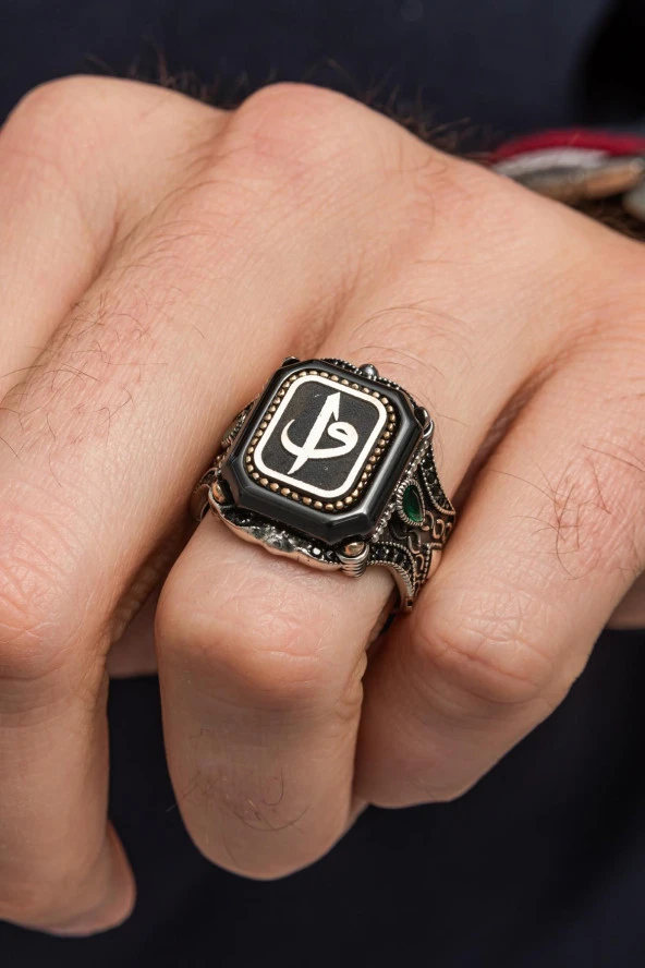 Kare Elif Vav Harfli 925 Gümüş Erkek Yüzük - Resim 3