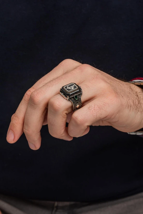 Kare Elif Vav Harfli 925 Gümüş Erkek Yüzük - Resim 4