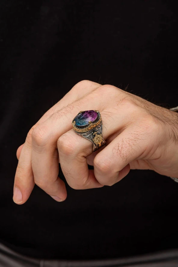 Turmolin Taşlı 925 Gümüş Erkek Yüzük - Resim 3