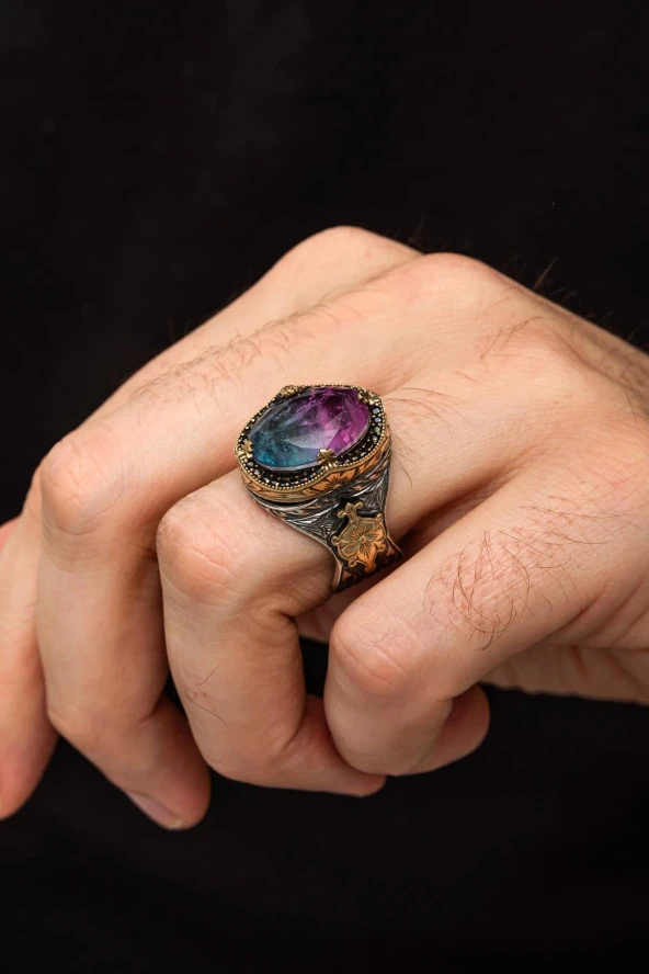 Turmolin Taşlı 925 Gümüş Erkek Yüzük - Resim 4