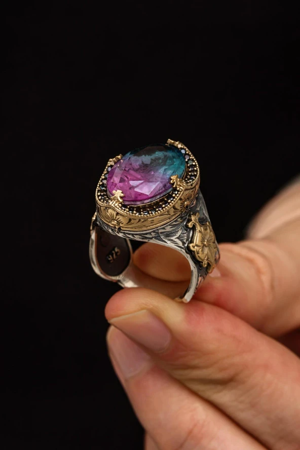 Turmolin Taşlı 925 Gümüş Erkek Yüzük - Resim 5