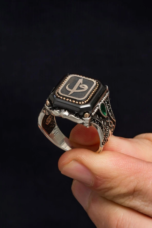 Kare Elif Vav Harfli 925 Gümüş Erkek Yüzük - Resim 5