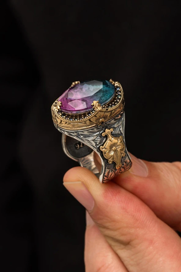 Turmolin Taşlı 925 Gümüş Erkek Yüzük - Resim 6