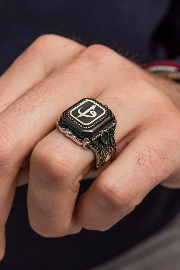 Kare Elif Vav Harfli 925 Gümüş Erkek Yüzük - Resim 8