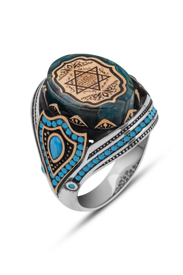 Mavi Taşlı Süleyman Mührü Desenli 925 Gümüş Erkek Yüzük - Resim 2
