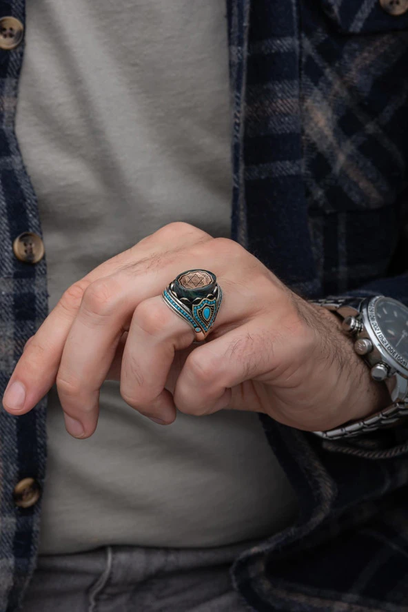 Mavi Taşlı Süleyman Mührü Desenli 925 Gümüş Erkek Yüzük - Resim 3