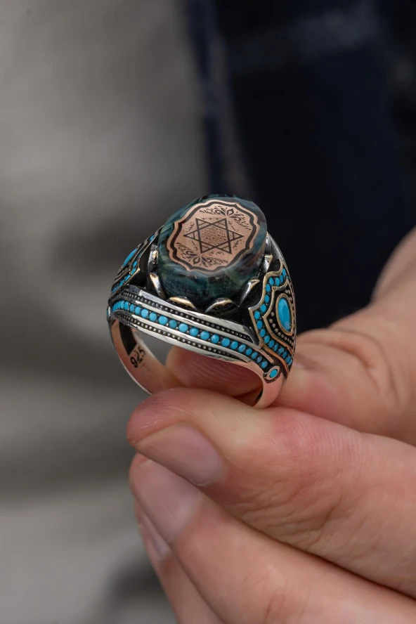 Mavi Taşlı Süleyman Mührü Desenli 925 Gümüş Erkek Yüzük - Resim 6