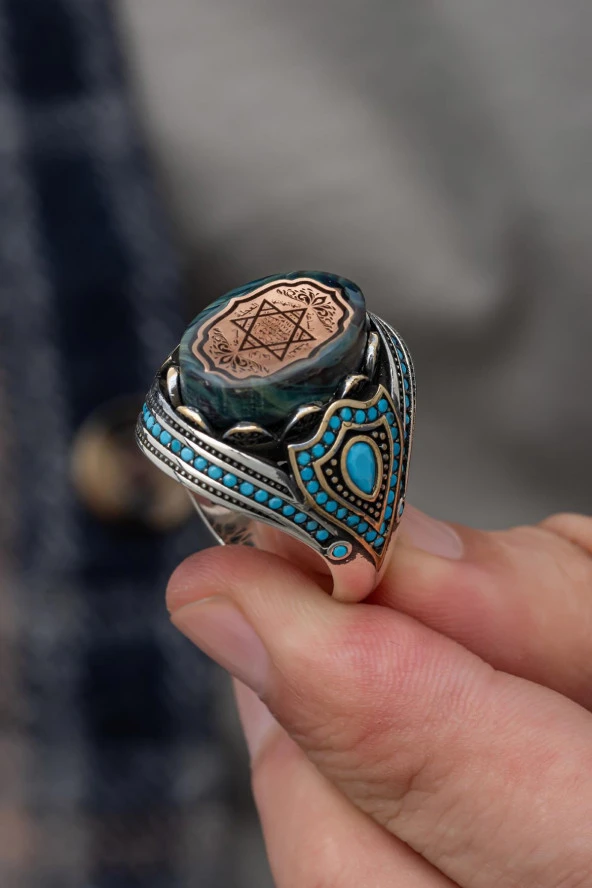 Mavi Taşlı Süleyman Mührü Desenli 925 Gümüş Erkek Yüzük - Resim 7