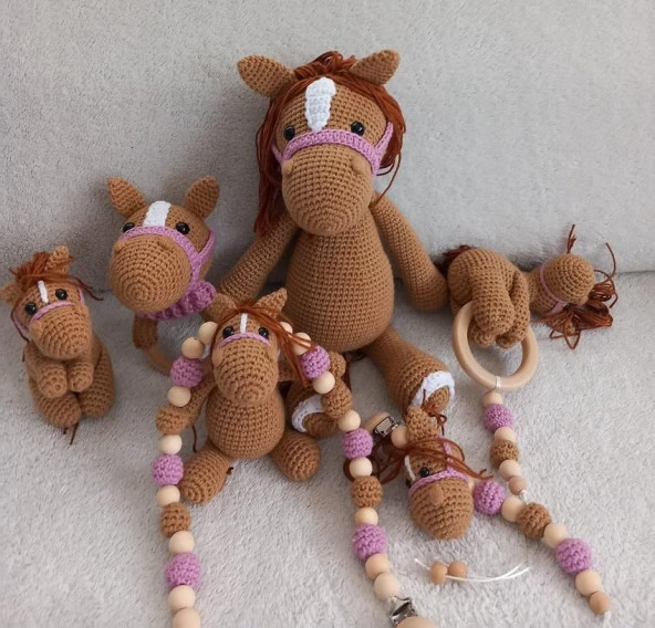 Altılı Yeni Doğan Kahverengi At Seti Amigurumi Organik Oyuncak - 1