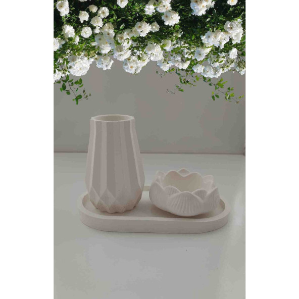 Pampas Vazo ve Lotus Çiçeği Tealight Mumluk Set Beyaz