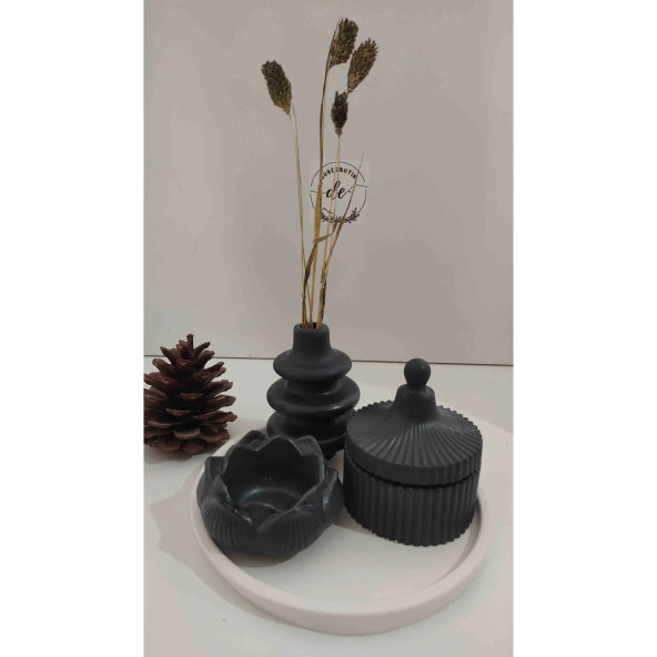 Dekoratif Set Tealight Lotus Mumluk Pampas Vazo Kapaklı Kutu Tabak Siyah