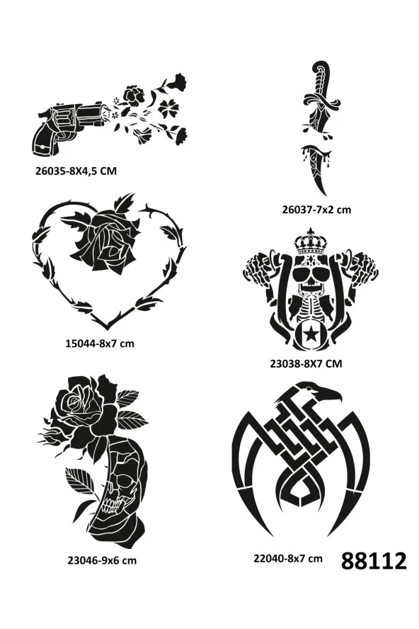 Savaş ve Çiçek 6 Adet Geçici Dövme Şablonu Spreysiz Sadece Stencil