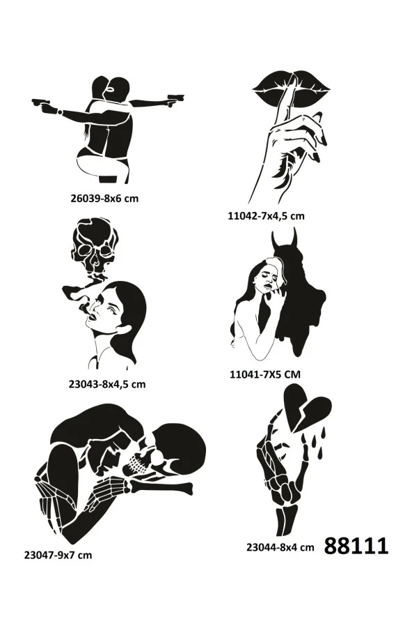 Çılgın Aşklar 6 Adet Geçici Dövme Şablonu Spreysiz Sadece Stencil