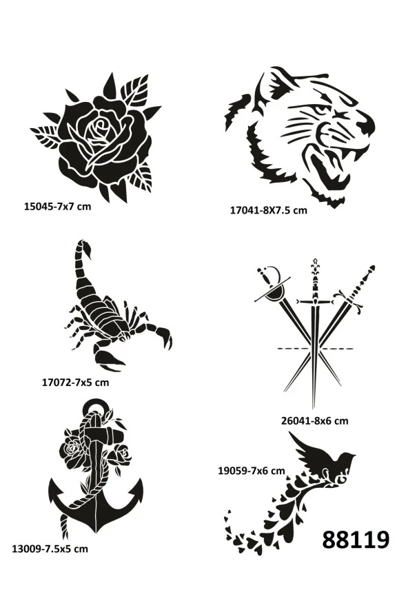 Gül ve Kılıç 6 Adet Geçici Dövme Şablonu Spreysiz Sadece Stencil