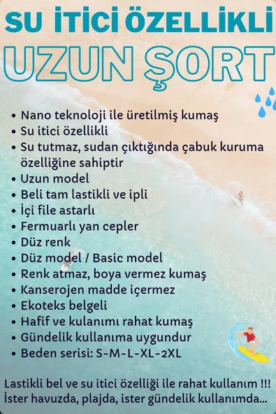 Siyah Uzun Model Su İtici Özellikli Düz Renk Erkek Plaj Deniz Şort Mayo - 2203-Siyah - 5