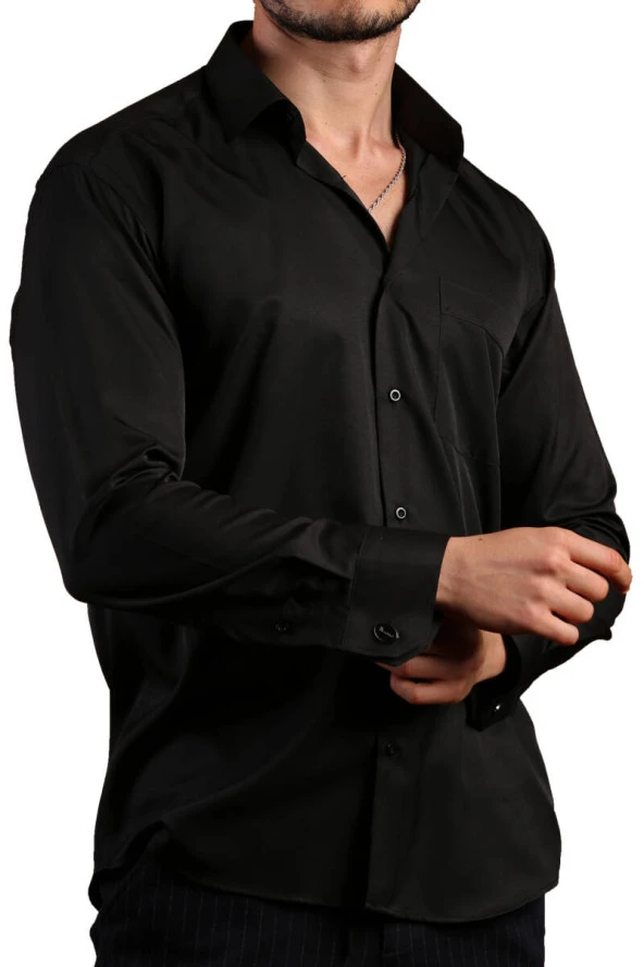 Siyah Büyük Beden Rahat Kesim Micro Kumaş Kol Düğmeli Regular Fit Erkek Gömlek - 190-6