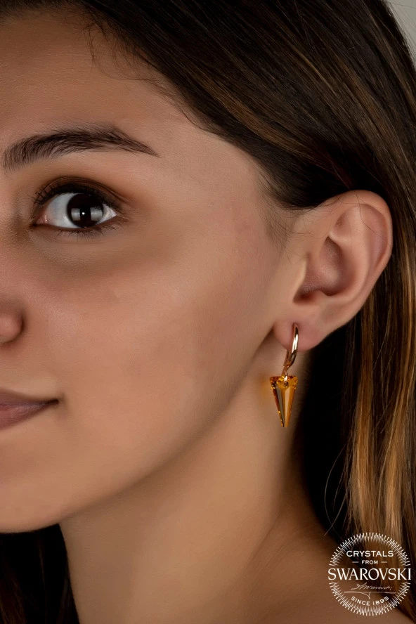 Swarovski Crystal Kadın Sarı Üçgen Gümüş Küpe - 2