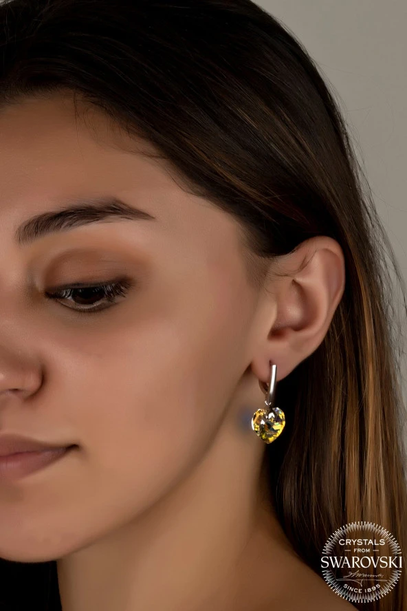 Swarovski Crystal Kadın Büyük Sallantılı Parlak Kalp Gümüş Küpe - 2