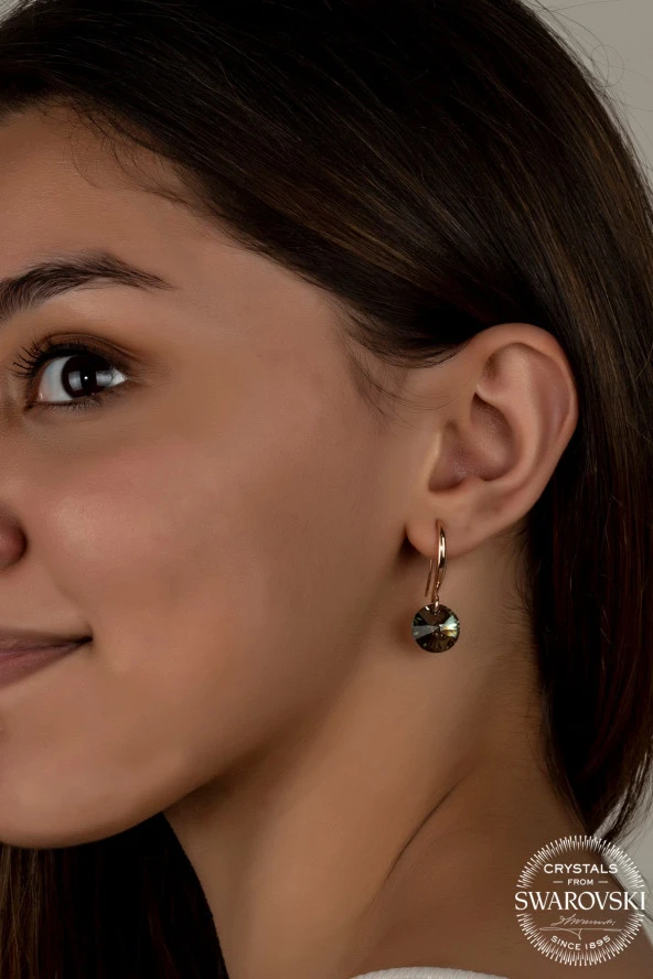 Swarovski Crystal Kadın Yeşil Yuvarlak Rose Kaplama Gümüş Küpe