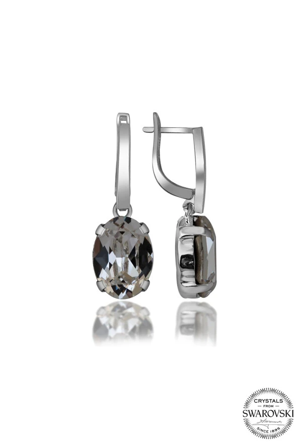 Swarovski Crystal Kadın Beyaz Oval Tırnaklı Gümüş Küpe - 2