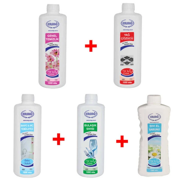Ersağ Genel Temizlik + Banyo WC Temizleyici + Bulaşık Sıvısı + Sıvı Sabun + Yağ Çözücü