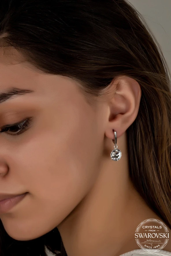 Swarovski Crystal Kadın Beyaz Sallantılı Gümüş Küpe - 2