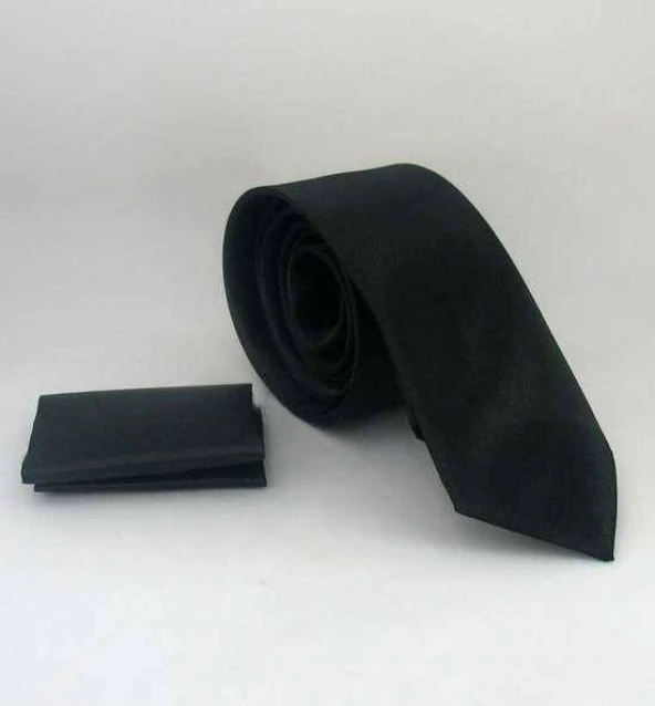 Siyah Slim Fit (ince) Düz Renk Mendilli Saten Kravat - SS-01 ürün görseli