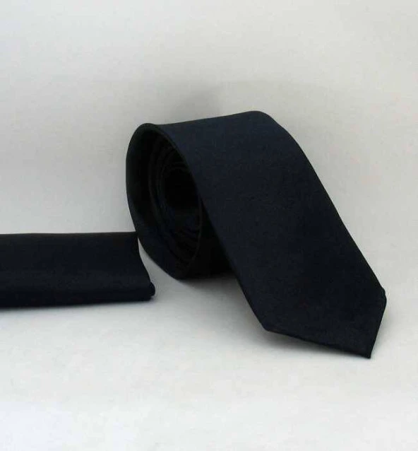 Koyu Lacivert Slim Fit (ince) Düz Renk Mendilli Saten Kravat - SS-24 ürün görseli