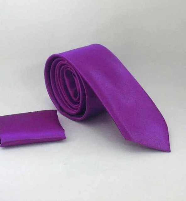 Mor Slim Fit (ince) Düz Renk Mendilli Saten Kravat - SS-20 ürün görseli