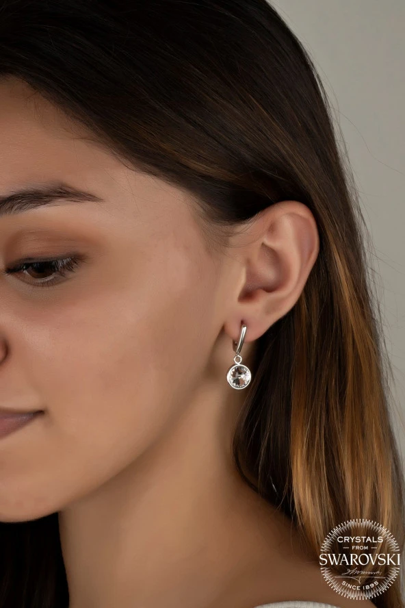 Swarovski Crystal Kadın Beyaz Sallantılı Gümüş Küpe - 2