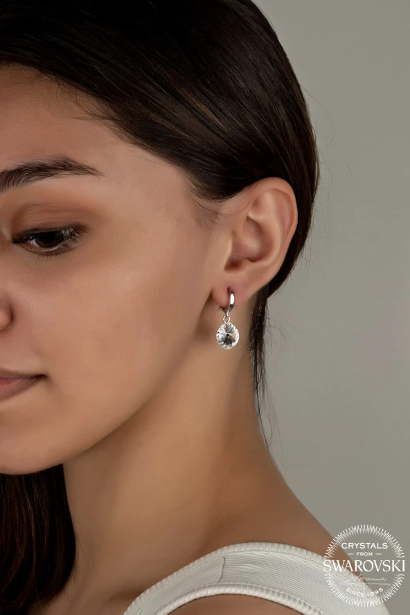 Swarovski Crystal Kadın Beyaz Sallantılı Gümüş Küpe - 2